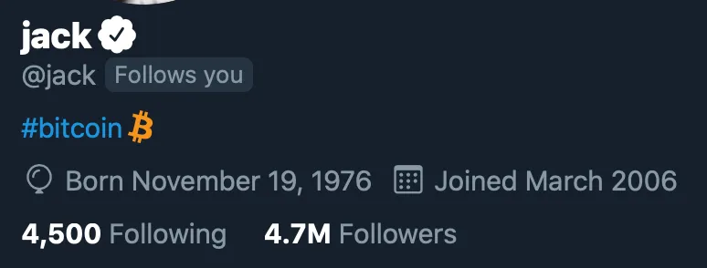 Jack Dorsey Twitter bio showing Bitcoin