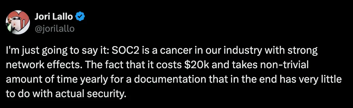 Linear co-founder tweet about SOC2 compliance