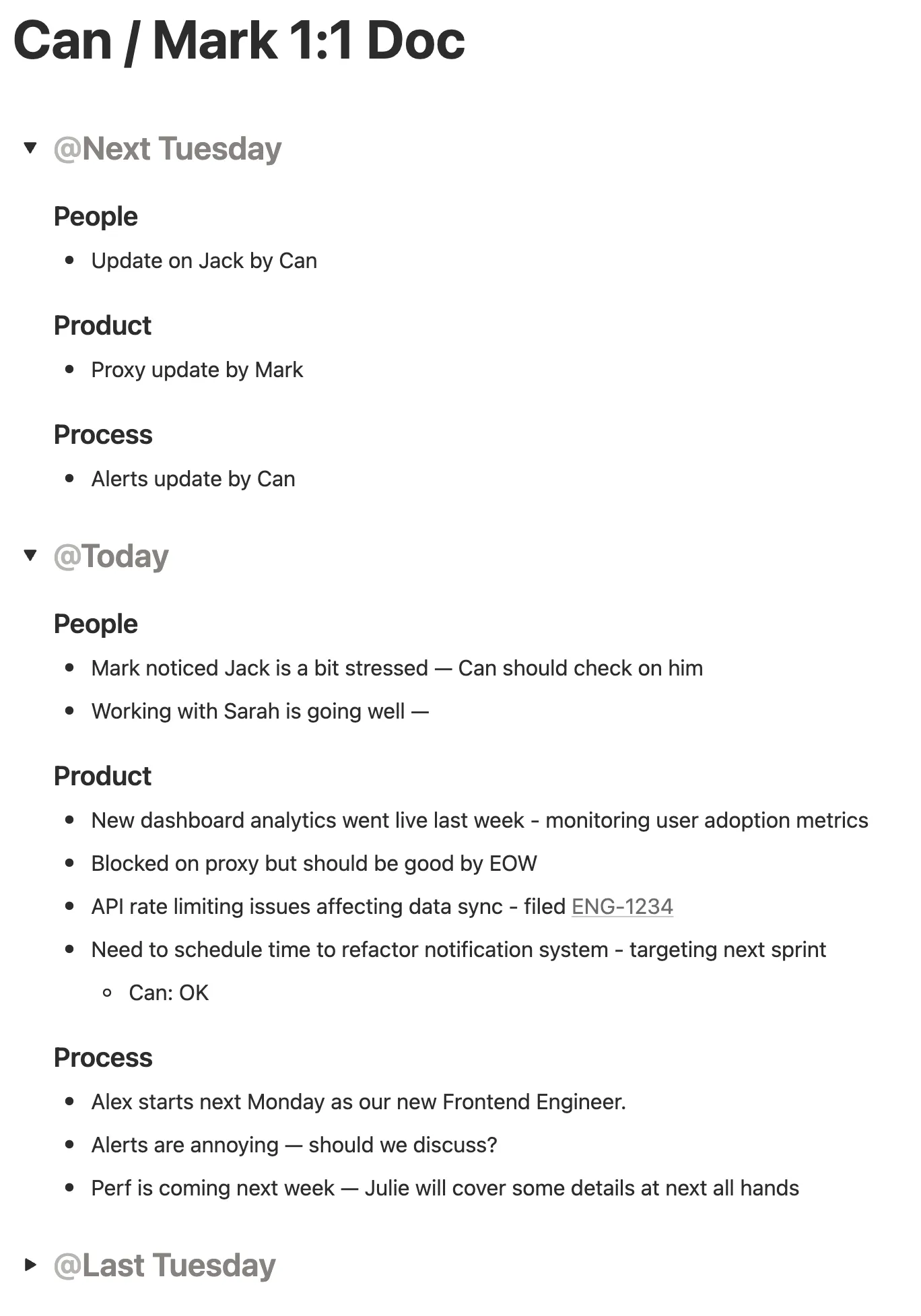 Notion Screenshot of a 1:1 Document